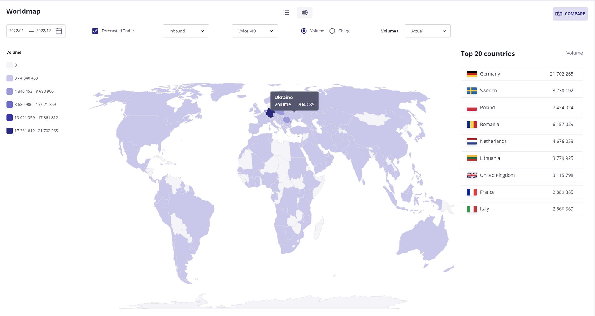 The world map page allows you to see traffic distribution among the countries' operators