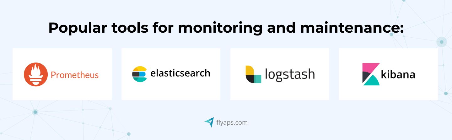 Popular tools for monitoring and maintenance: Prometheus, ELK stack: Elasticsearch, and Kibana
